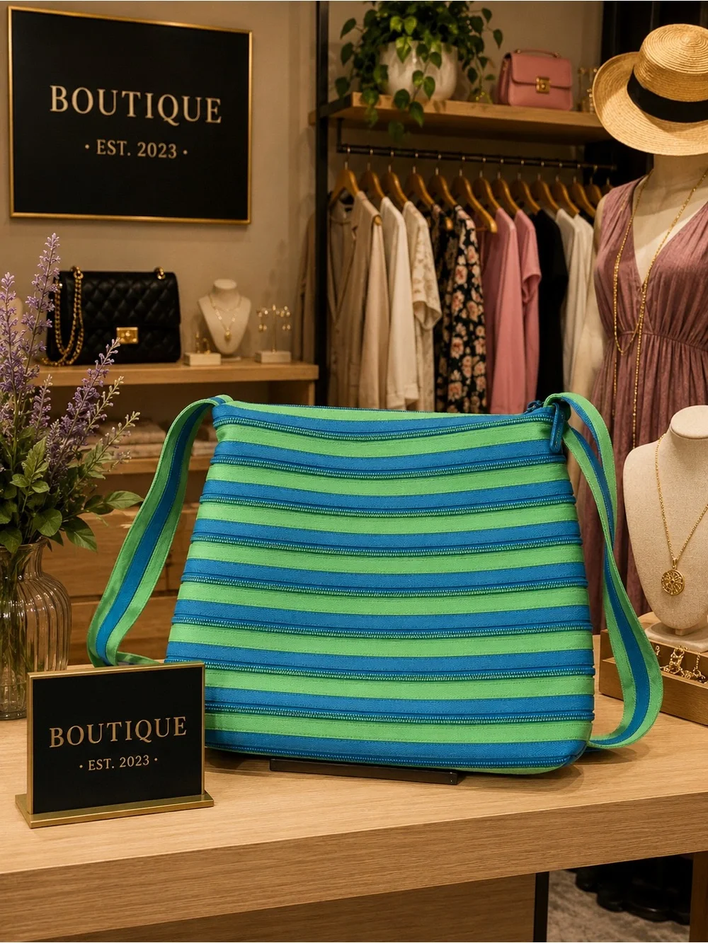 ZIP IT Green & Blue ZIPPER Shoulder Bag with Adjustable Strap FREE BAG CHARM - Picture 1 of 11